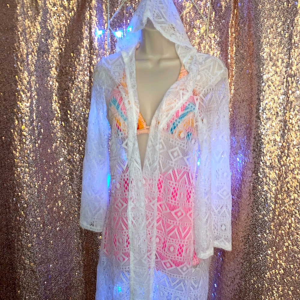 White See through Lace hooded White Swim cover up